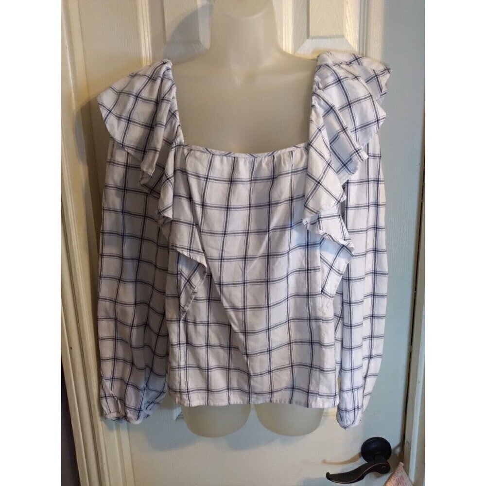 J. Crew Top White Blue Checks Square Ruffled Sz XXL Bust 48 L 23